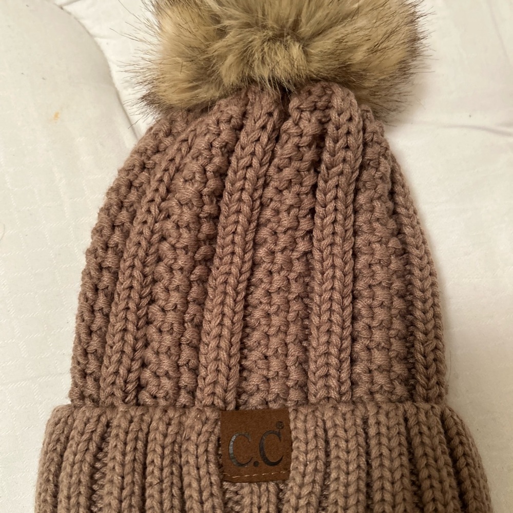 C.C Woman’s Knit Beanie with Faux Fur Pom - Brown